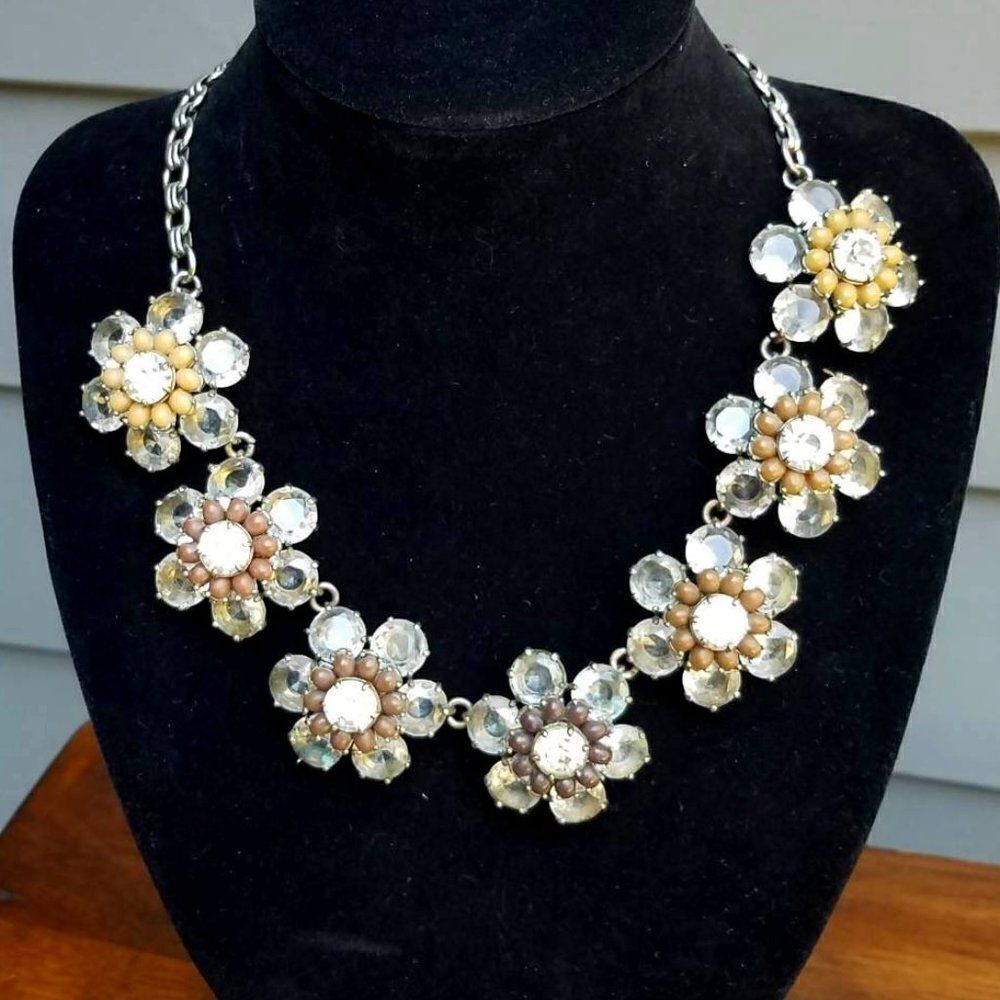 J Crew Clear Rhinestone Flower Statement Necklace with Beads 18 1/2"  3" extende